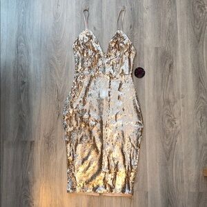 Hot Miami Styles Gold/Champagne Sequin Midi Dress